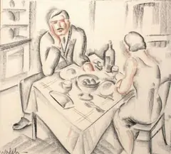 Couple attablé, vers 1926-1927 by Charles Walch, Fusain, estompe et sanguine signé en bas à gauche, sold Dec 2007