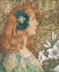 Jeune femme aux lys by Élisabeth Sonrel, Gouache sur fond or, sold Jun 2007