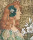 Jeune femme aux lys by Élisabeth Sonrel, Gouache sur fond or, sold Jun 2007