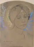 Jeune femme pensive » by Edgar Maxence, 1902, Fusain et pastel sur papier chamois de forme cintrée en haut, sold Jun 2007