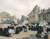Marché en bretagne by Henri Barnoin, Lithographie rehaussée à la gouache, sold May 2007