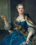 Portrait de jeune femme en robe bleue tenant une couronne de fleurs by Marianne Loir, Toile, sold Nov 2013