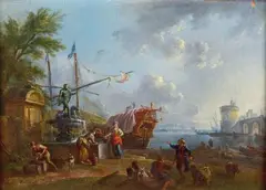 Personnages près d'une fontaine dans un port méditerranéen by Jean-Baptiste Lallemand, Panneau de noyer, sold Feb 2013
