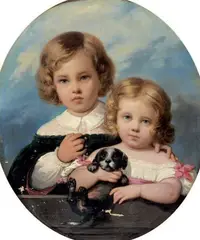 Portrait de deux enfants jouant avec un chien by Raymond Monvoisin, Toile, sold Feb 2013
