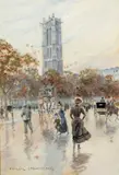 La Tour Saint-Jacques by Georges Stein, Gouache et aquarelle, sold Dec 2012