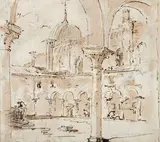 Cloître près de San Giovanni di Paolo by Francesco Guardi, Plume et encre brune sur trait de crayon noir et lavis de sépia, sold Nov 2012