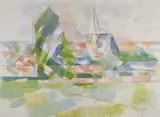 Village cubiste by Daniel Ravel, Aquarelle et huile sur toile, sold Jun 2022