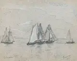 Voiliers près de Fécamps by Gustave Loiseau, Pastel fusain et rehaut de craies signée en bas à gauche, sold Jun 2022