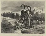 Hamlet contemplant le crâne de Yorick. Hamlet Acte V, scène 1ère by Eugène Delacroix, Lithographie sur chine appliqué sur vélin, sold Jun 2020