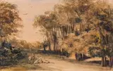 Cerf et biche dans une clairière by Paul Huet, Aquarelle et rehauts de gouache blanche sur traits de crayon noir, sold Feb 2012