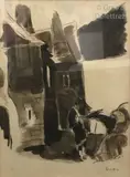 Jeune femme et son cheval by Josep Gausachs, Aquarelle et crayon sur papier, sold Dec 2019