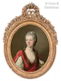 Portrait présumé de la Princesse Galitzine dit aussi portrait présumé de la marquise de Roncherolles by Louis-Michel van Loo, 1764, Toile ovale, sold Dec 2019