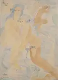 Femmes nues aux poissons et aux étoiles de mer by Aly Ben Salem, 1943, Aquarelle sur traits de crayon sur papier, sold Nov 2019