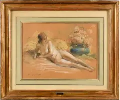 Odalisque by Antoine Calbet, Fusain, pastel et craie blanche, sold Apr 2024