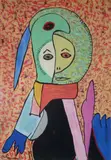 Personnage en buste au visage auréolé avec tête d'oiseau, ca 1948 Double face by Gaston Chaissac, Gouache sur papier contrecollé sur panneau de bois aggloméré, sold Dec 2012