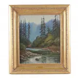 Northwest Coast Landscape with River by Edyth Ellsworth, Oil on canvas panel, sold Oct 2022