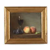 Still Life with Peaches, Plums, Olives and Wine by Frank Janca, Oil on canvas, sold Oct 2022