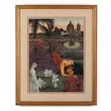 Woman with Tiger and Parrots by Angelico Jones, Mixed media on paper, sold Oct 2022