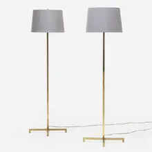 Floor lamps model 211, pair by T. H. Robsjohn-Gibbings, c. 1950, brass, glazed ceramic, linen, sold Jul 2022
