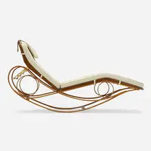 Prototype chaise lounge by Edward Wormley, c. 1960, leather, ash plywood, birch, cane, oak, brass, sold Jul 2022