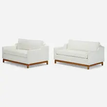 Settees, pair by Widdicomb, c. 1955, mahogany, upholstery, sold Jul 2022