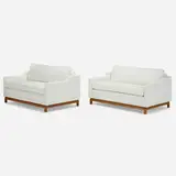 Settees, pair by Widdicomb, c. 1955, mahogany, upholstery, sold Jul 2022