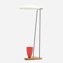 Floor lamp by Mitchell Bobrick, 1949, oak, enameled steel, glazed ceramic, fiberglass, sold Jul 2022