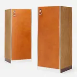 Wardrobes, pair by Guido Faleschini, c. 1975, suede, leather, aluminum, chrome-plated steel, lacquered wood, sold Jul 2022
