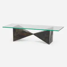 Coffee table, model PE 13 by Paul Evans, 1967, welded, polychromed, and patinated steel, glass, sold Jul 2022