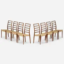 Dining chair, set of eight by Niels O. Møller, c. 1955, rosewood, jute, sold Jul 2022