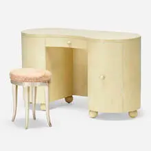 Vanity and stool from the Alfred Koolish Residence, Bel Air by Samuel Marx, 1954, crackle lacquered wood, upholstery, sold Jul 2022