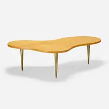 Coffee table, model 1759 by T. H. Robsjohn-Gibbings, 1950, birch, brass, sold Jul 2022