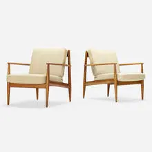 Lounge chairs model 118, pair by Grete Jalk, c. 1955, teak, upholstery, sold Jul 2022