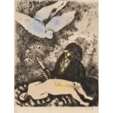 The Sacrifice of Abraham (from The Bible portfolio) by Marc Chagall, 1958, etching in colors, sold Sep 2025