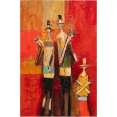 Untitled (Three Figures on Red) by David Adickes, oil on board, sold Sep 2025