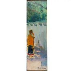 Untitled (Indian Figure at Taos Pueblo) by Bert Geer Phillips, oil on canvas board, sold Sep 2025