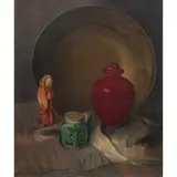 Untitled (Still Life with Brass Bowl and Red Urn) by Mae Sybil Larsen, 1934, oil on canvas, sold Sep 2025