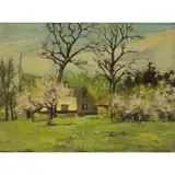Untitled (House with Dogwood Trees) by Robert Pearson Lawrence, oil on canvas affixed to board, sold Sep 2025