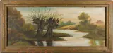 River Landscape with Row Boats by M. Schroeder, oil on board, sold Sep 2025