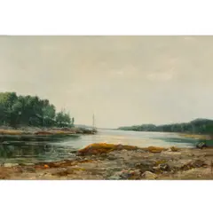 Untitled (Landscape with Sailboat) by Olive Parker Black, oil on canvas, sold Oct 2025