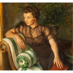 Seated Woman Reading by John Koch, oil on board, sold Oct 2025