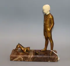 A gilt bronze and ivory group of a boy watching a terrier with a crab, on variegated marble base, height 24cm by André Becquerel, bronze and ivory, sold Jun 2019
