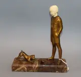 A gilt bronze and ivory group of a boy watching a terrier with a crab, on variegated marble base, height 24cm by André Becquerel, bronze and ivory, sold Jun 2019