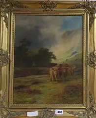Highland cattle in a valley by Robert Gallon, oil on canvas, sold May 2019
