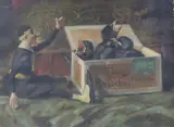 Puppet beside blackbirds in a cigar box by Renz Waller, oil on canvas, sold May 2019