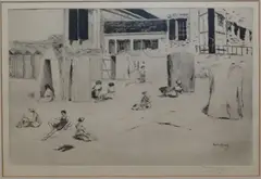 Bathers and beach huts by Theodore Roussell, etching, sold May 2019