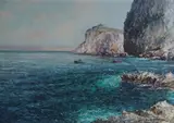 Fishing boats along the coast by Guido Odierna, oil on canvas, sold May 2019