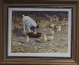 Jack Russell terrier and chicks by Donna Crawshaw, oil on canvas, sold May 2019