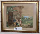 Woman and children in cottage garden scene by Albert Durer Lucas, watercolour, sold May 2019
