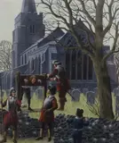 Roundheads putting a figure in stocks by a church by Justin Todd, gouache and watercolour, sold May 2019